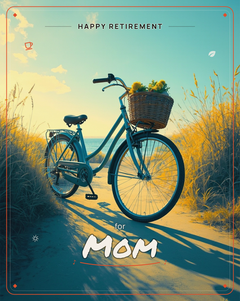 A pale blue vintage bicycle rests on a sandy path between tall golden dune grasses, its front basket overflowing with yellow flowers, a retirement e-card design