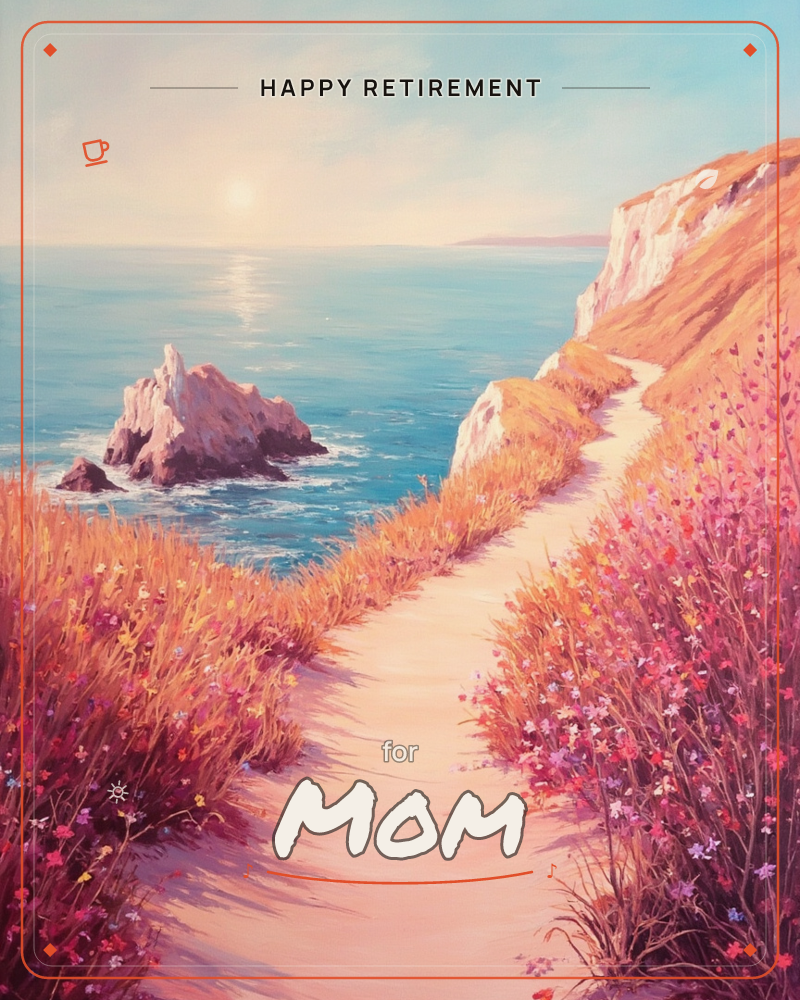 A sandy path winds along a coastal cliff, bordered by tall grasses and pink and violet wildflowers swaying in the breeze, a retirement e-card design