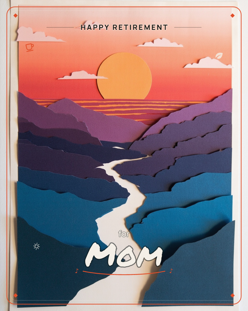 A layered paper-cut landscape shows a river winding down through purple-blue mountains toward a glowing orange sun setting over the sea, a retirement e-card design