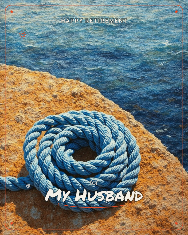 A coil of pale blue rope rests on sun-warmed ochre rock at the edge of a deep blue sea, a retirement e-card design