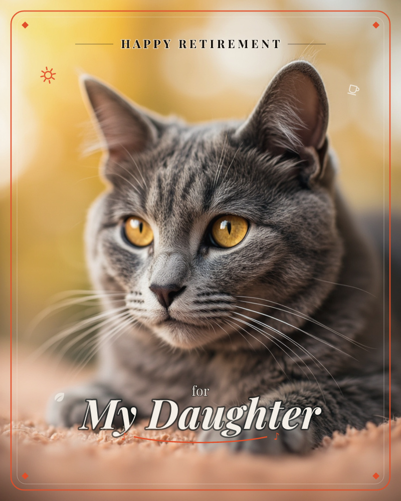 A close-up portrait of a grey tabby cat lying with paws tucked forward, its amber eyes gazing softly off to the side, a retirement e-card design