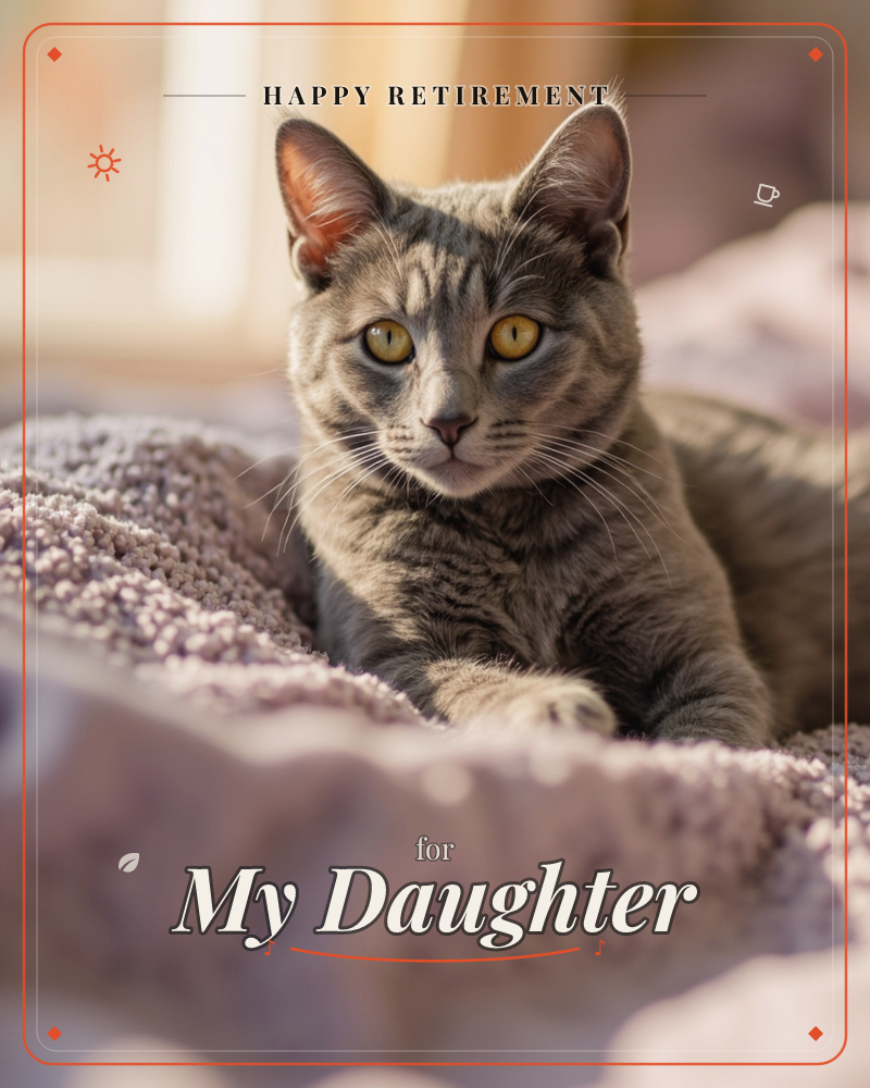 A grey tabby cat with striking amber eyes lies curled on a soft, textured lavender-toned blanket, gazing directly at the camera, a retirement e-card design