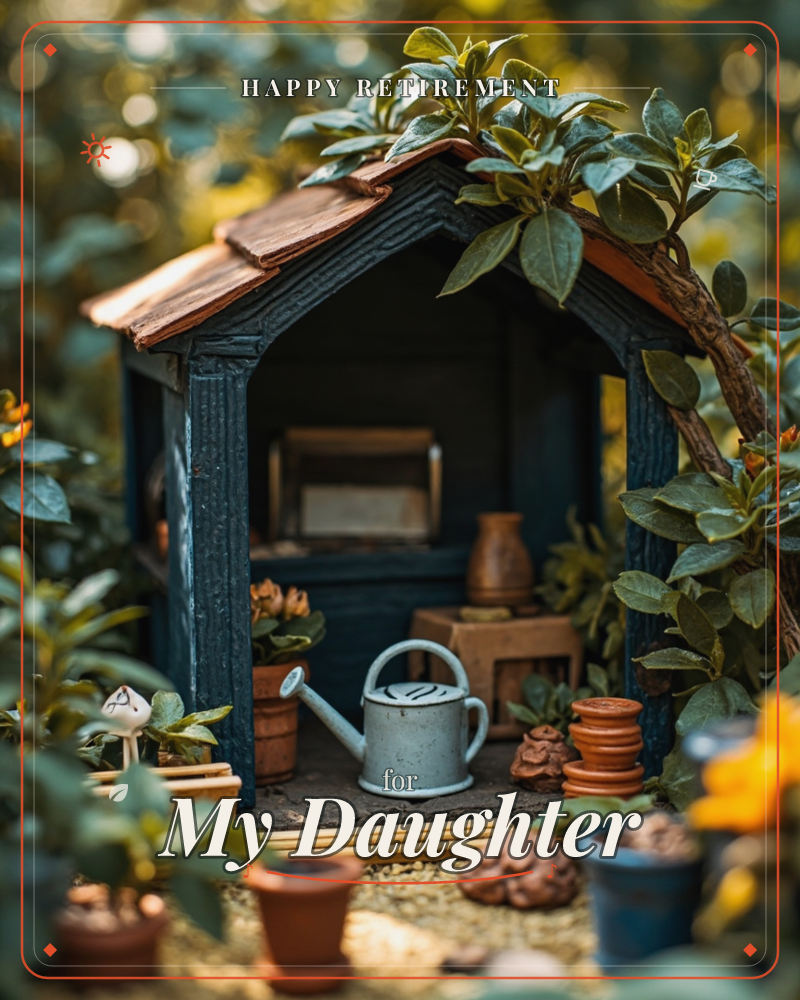 A tiny wooden shed with a weathered copper roof sits tucked among garden leaves, its dark blue-green walls sheltering a miniature watering can and…, a retirement e-card design