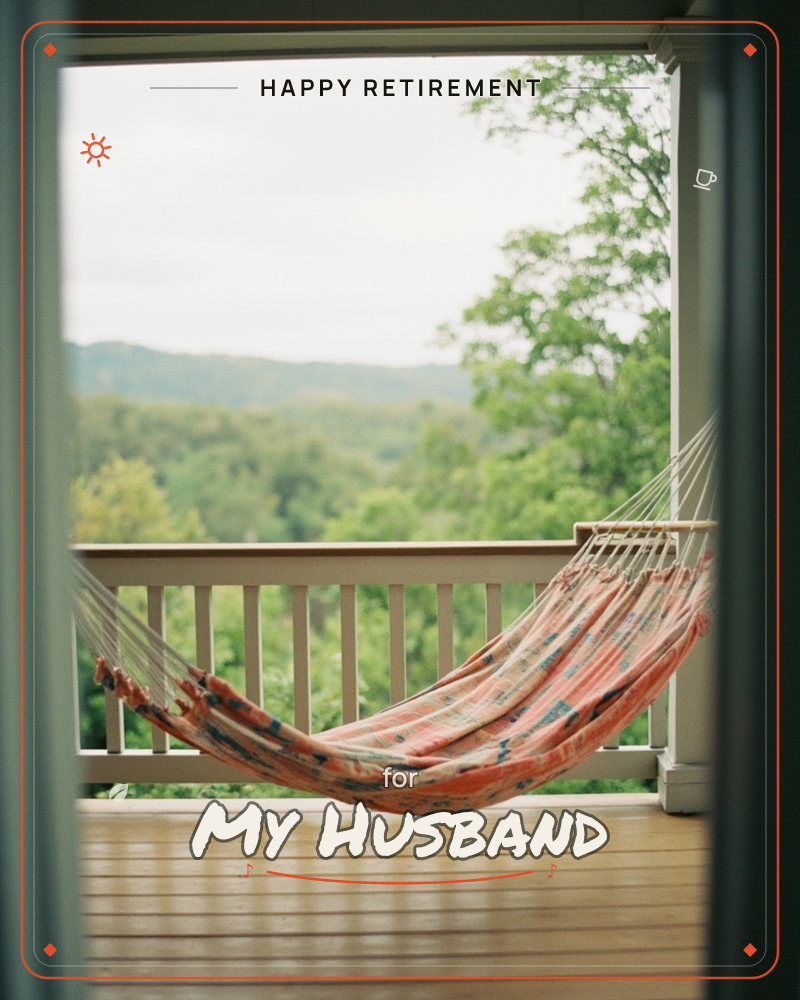 A striped hammock in coral and cream hangs empty on a wooden porch, framed by railings and a doorway looking out over layers of green treetops and…, a retirement e-card design