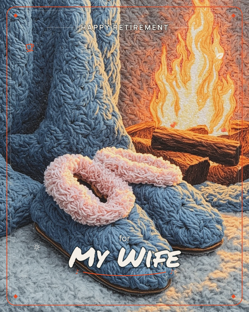 A pair of knitted blue-grey slippers with fluffy pink trim sits beside a draped crocheted blanket, warmed by the glow of a crackling log fire behind them, a retirement e-card design
