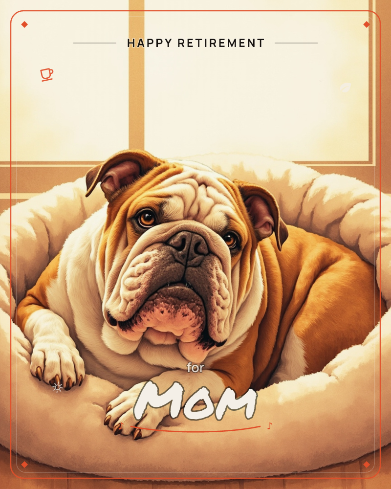 A wrinkly bulldog rests in a plush cream dog bed, front paws stretched forward, gazing straight out with a soulful, droopy-jowled expression, a retirement e-card design