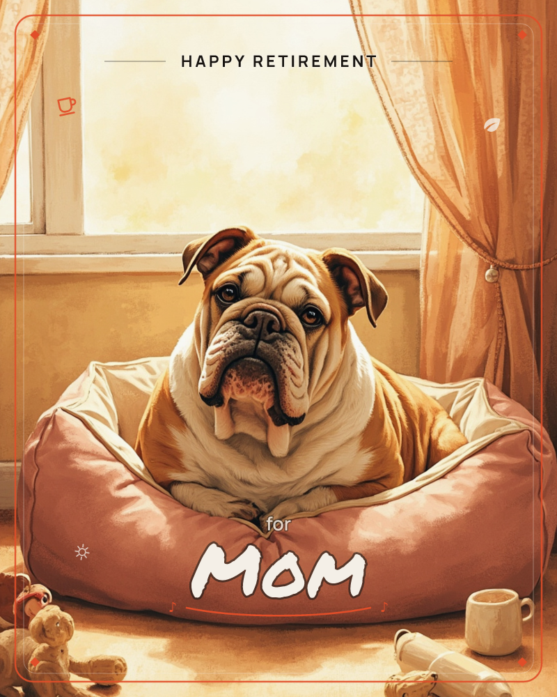 A bulldog sits propped in a plush pink dog bed beside a sunlit window, tongue poking out and curtains drawn back to let in warm golden light, a retirement e-card design