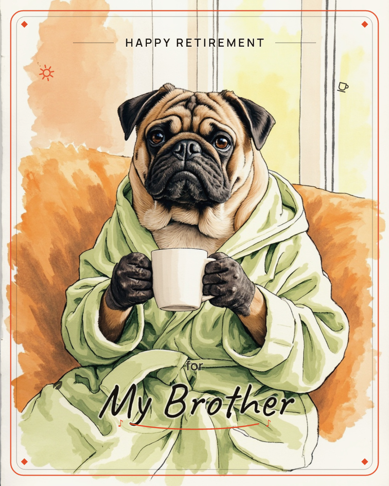 A wrinkled pug sits wrapped in a pale sage-green dressing gown, holding a plain white mug in its paws, a retirement e-card design