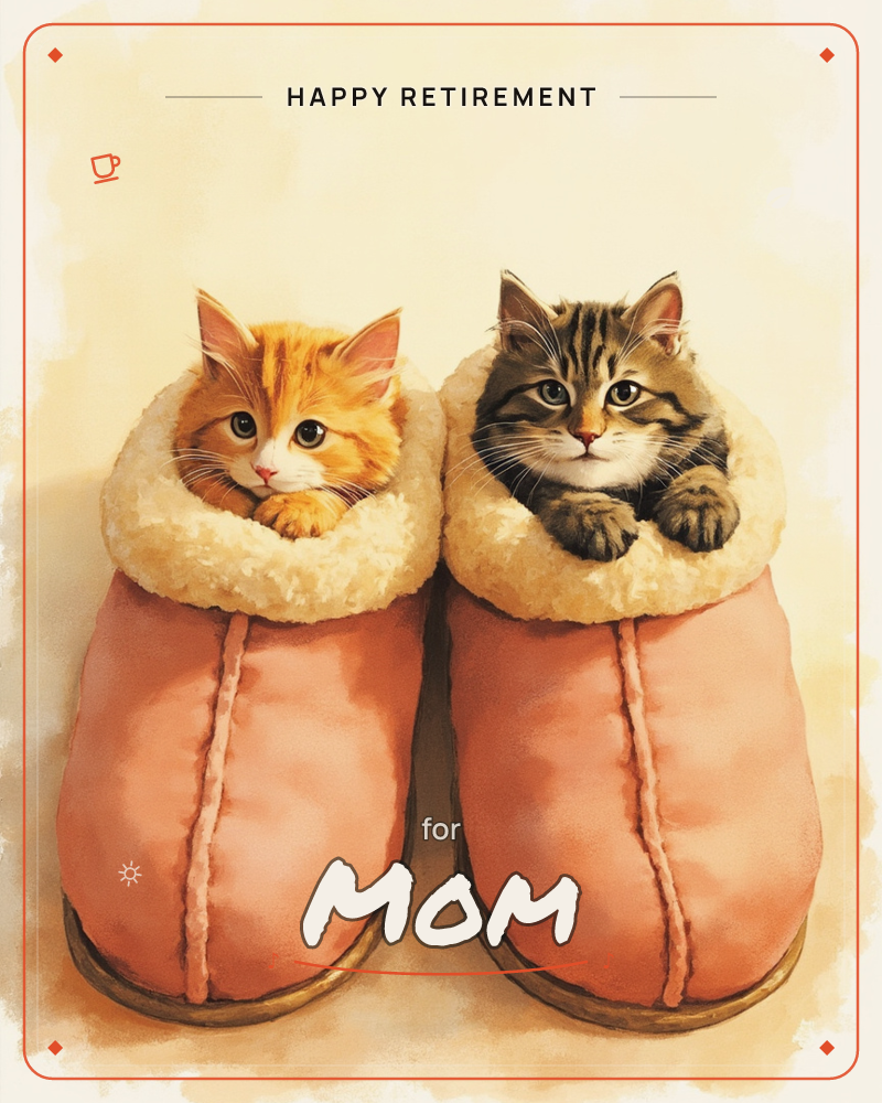 Two kittens, one ginger and one tabby, peek out from a pair of fleece-lined pink slippers as if tucked in for the night, a retirement e-card design