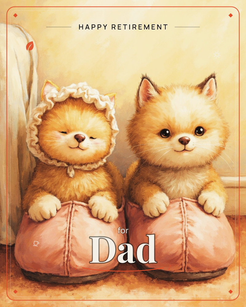 Two fluffy ginger kittens sit cosied up inside a pair of oversized pink slippers, one wearing a frilly white bonnet with its eyes closed contentedly, a retirement e-card design