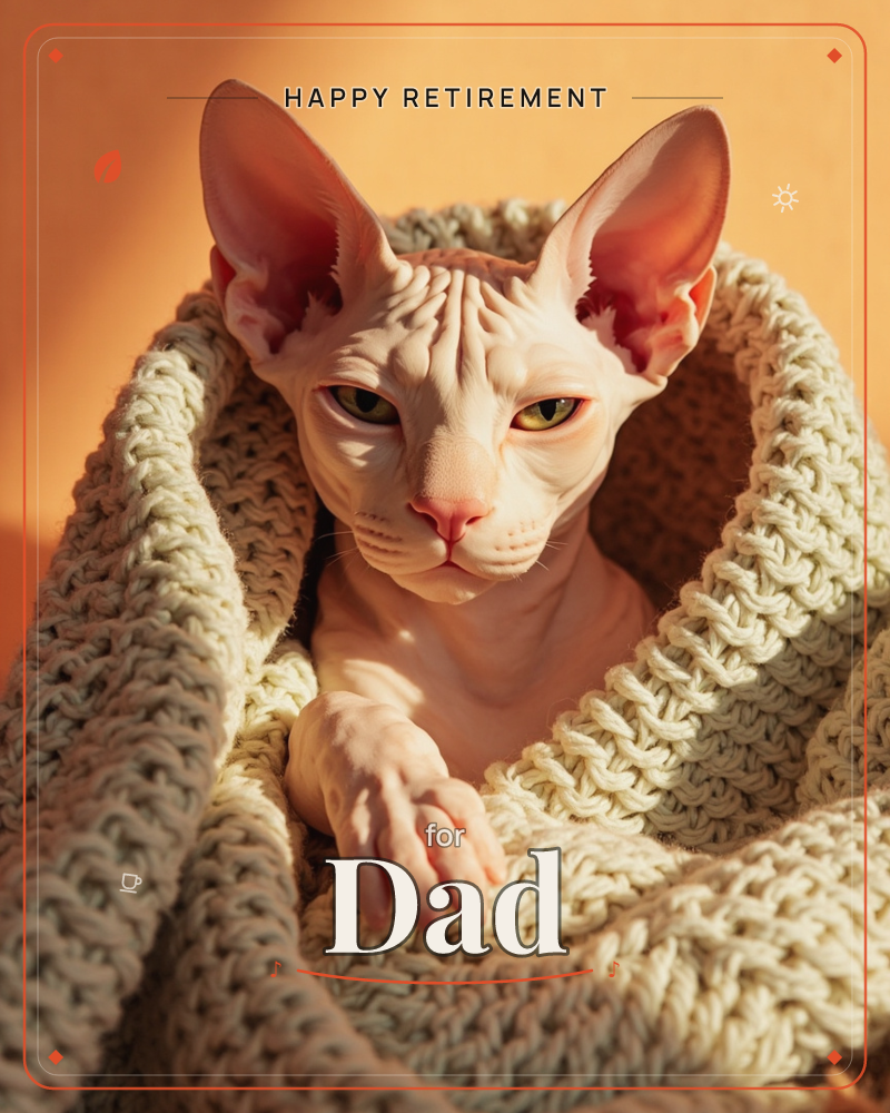 A hairless sphynx cat peers out from a thick cream knit blanket, one paw draped over the folds, its large ears and heavy-lidded eyes lit by warm golden…, a retirement e-card design