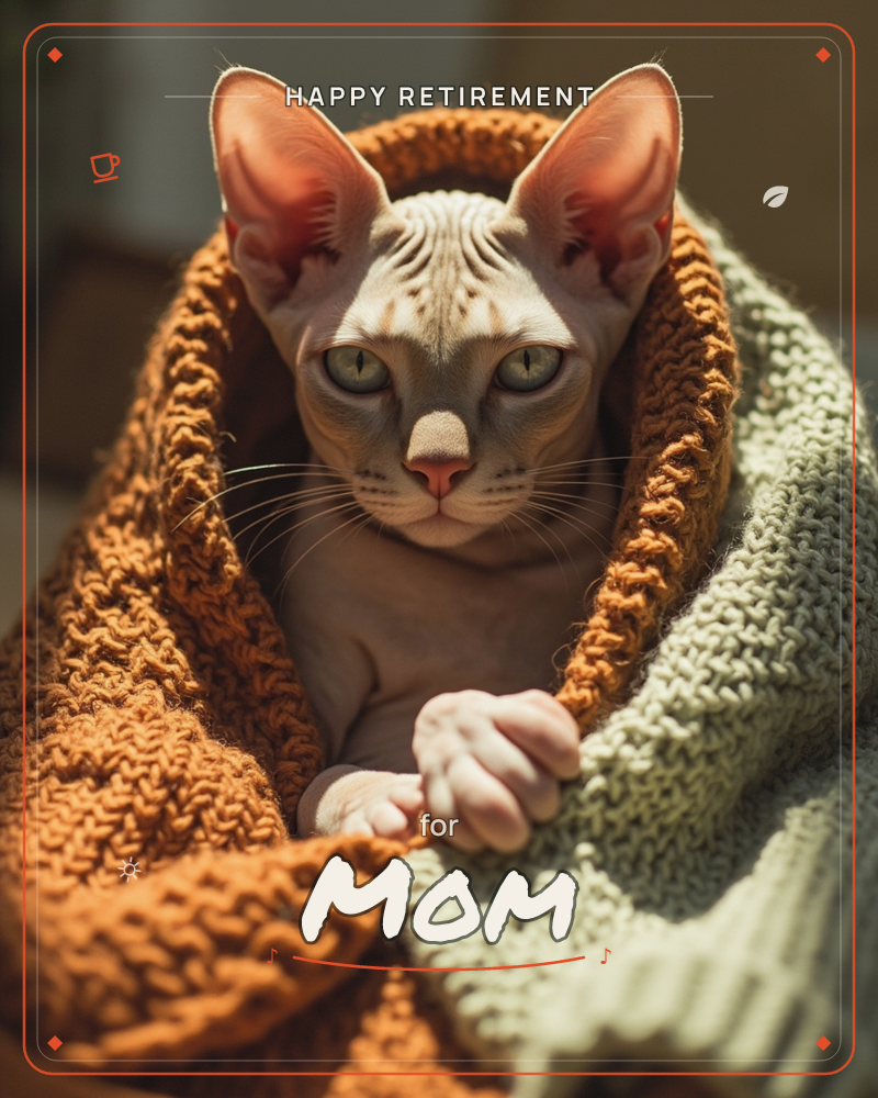 A hairless cat with large pointed ears peers out from a nest of chunky knitted blankets in rust orange and sage green, a retirement e-card design