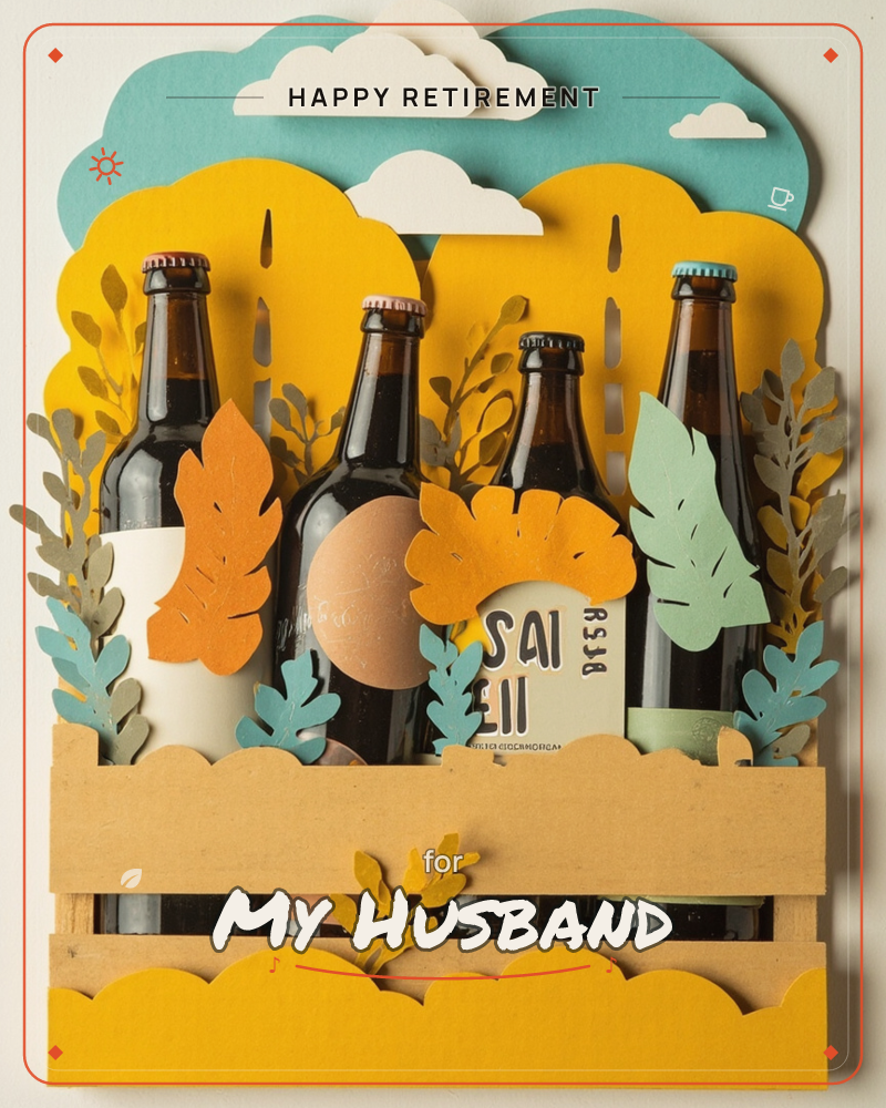 Four brown beer bottles stand upright in a paper-craft wooden crate, set against a layered papercut backdrop of mustard-yellow foliage and a teal sky…, a retirement e-card design