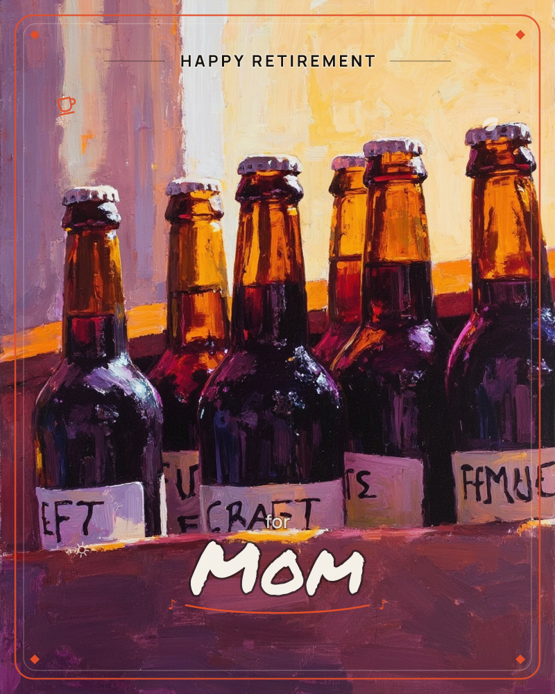 A row of amber beer bottles stands shoulder to shoulder against a glowing orange-yellow background, their metal caps catching bright highlights, a retirement e-card design