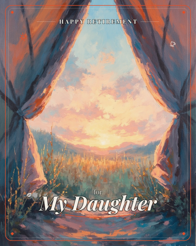 Heavy blue-grey curtains are drawn open like a stage reveal, framing a wide golden field beneath a sunrise, a retirement e-card design