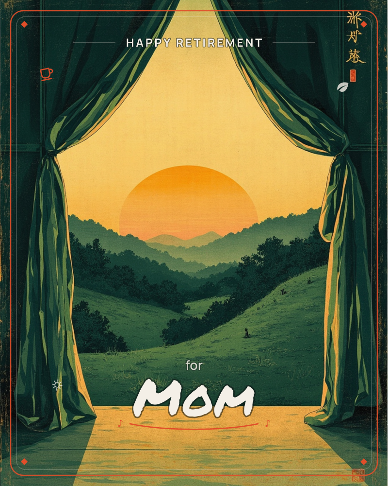 Heavy green curtains are pulled open like a stage reveal, framing rolling hills and layered mountains beneath a huge orange sun sinking low on the horizon, a retirement e-card design