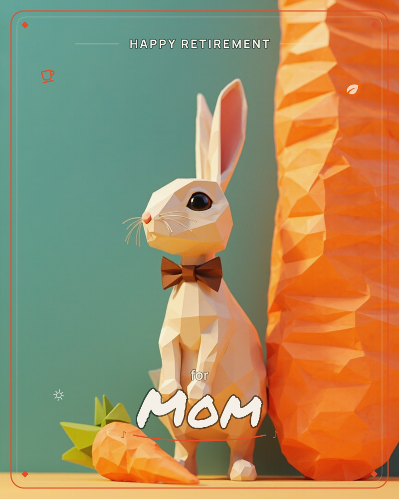 A low-poly white rabbit sits neatly upright wearing a small brown bow tie, its faceted ears standing tall against a soft teal backdrop, a retirement e-card design