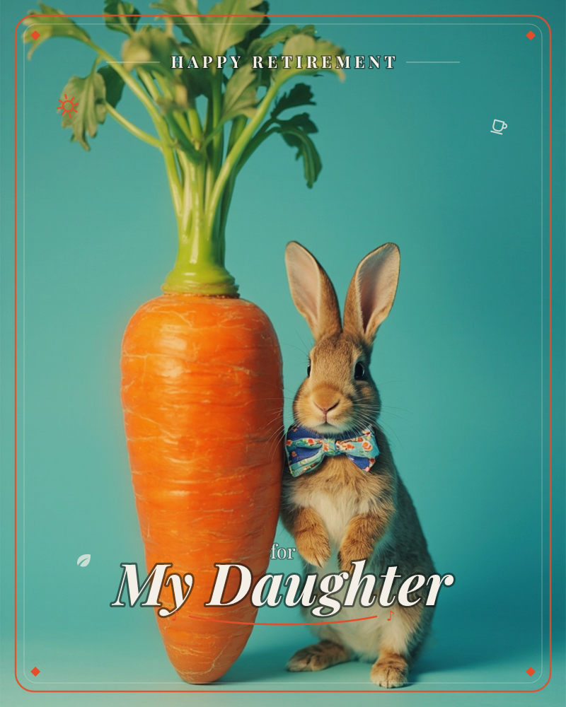 A rabbit in a patterned bow tie sits upright beside an oversized carrot with leafy green tops, both posed against a flat teal-turquoise backdrop, a retirement e-card design