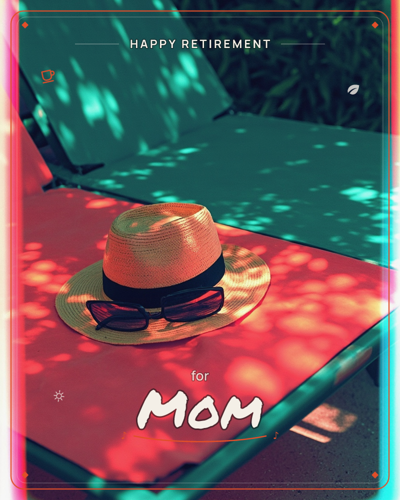 A straw fedora with a black band and a pair of sunglasses rest on the red cushion of a lounge chair, dappled in shifting patches of sunlight and shade…, a retirement e-card design