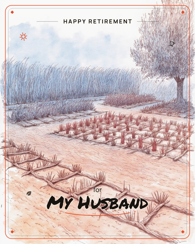 A hand-inked garden plot stretches across the page, its rows staked out with crossed branches and dotted with small tufts of new red-tinged growth, a retirement e-card design