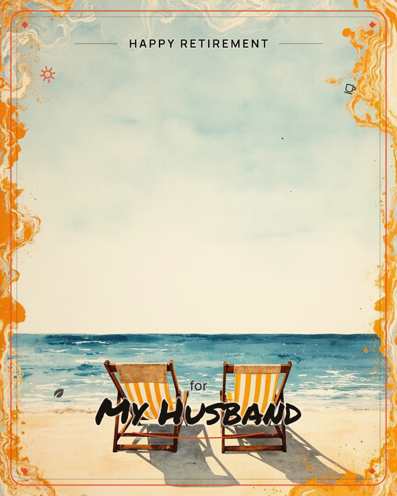 Two empty striped deckchairs sit side by side on a sunlit beach, facing a calm blue sea and pale sky, a retirement e-card design