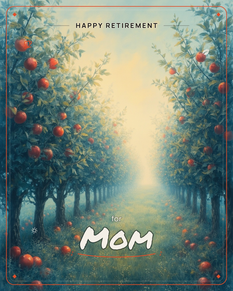 A misty apple orchard stretches into a glowing horizon, rows of trees heavy with red fruit lining a grassy path on either side, a retirement e-card design