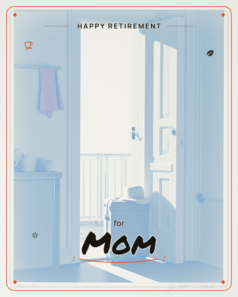 The card shows a monochrome blue interior scene: an open door leading onto a balcony with railings, bright light flooding through, a retirement e-card design