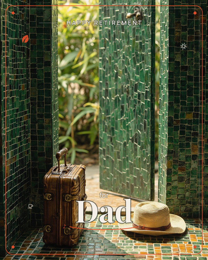 A green mosaic-tiled doorway stands open onto a sun-lit garden of tropical leaves, with a worn leather suitcase and a straw hat resting on the tiled…, a retirement e-card design