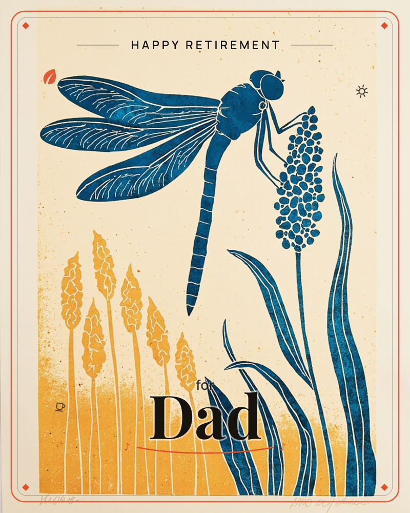 A bold linocut print shows a large blue dragonfly perched atop a spiky grape-hyacinth bloom, its four patterned wings spread wide against a cream…, a retirement e-card design