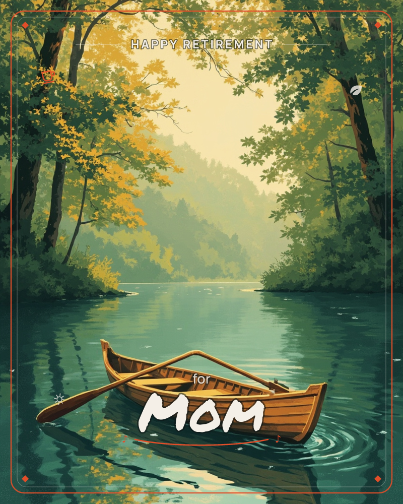 An empty wooden rowboat drifts on a still, glassy river bordered by dense green forest just beginning to turn gold, a retirement e-card design