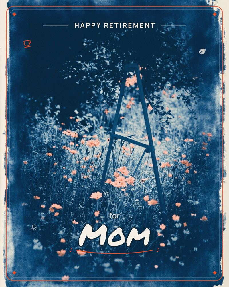 A wooden easel stands empty in a wildflower meadow, framed by overhanging branches and a deep midnight-blue wash that fades to cream at the torn…, a retirement e-card design