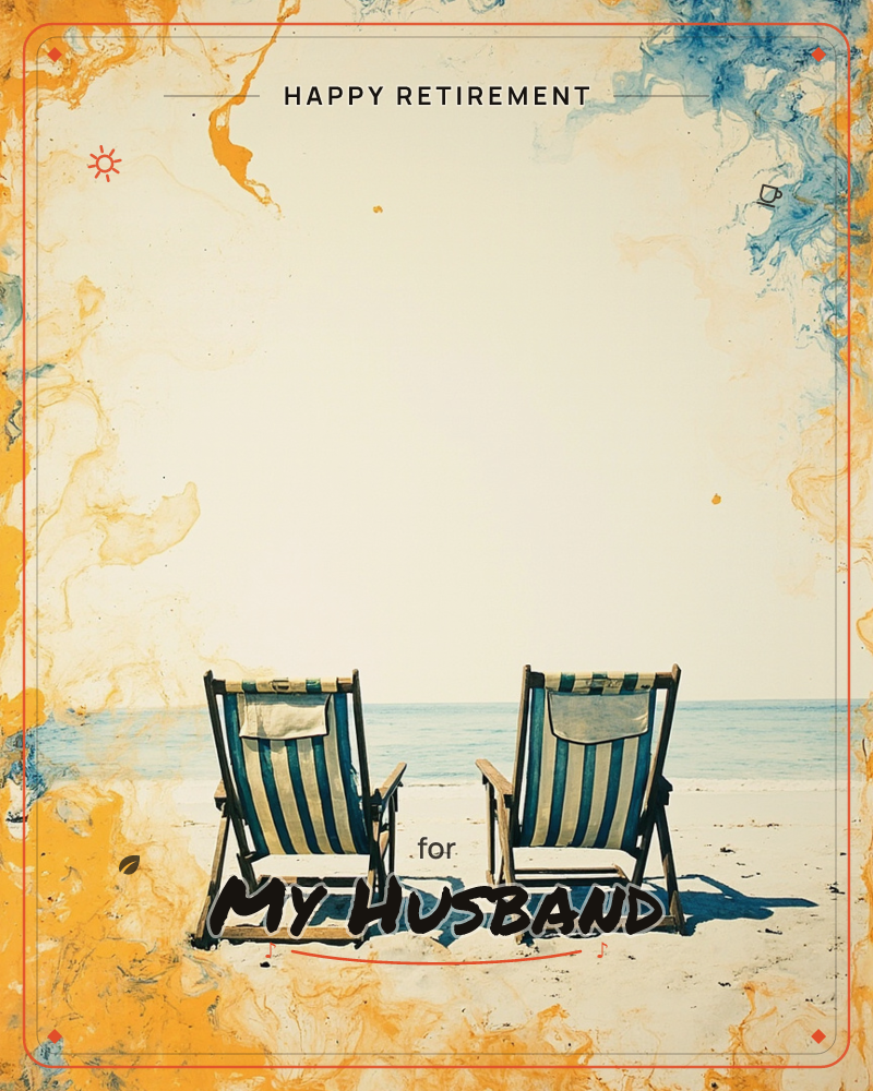 Two empty striped deckchairs sit side by side on a beach, facing a calm pale sea and hazy horizon, a retirement e-card design