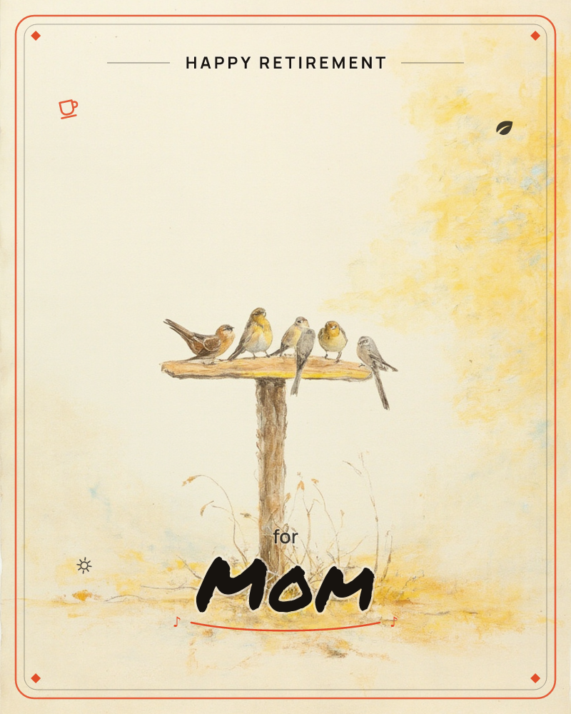 Five small birds line up shoulder to shoulder along the top of a weathered wooden post, painted with soft feather detail against a hazy cream…, a retirement e-card design