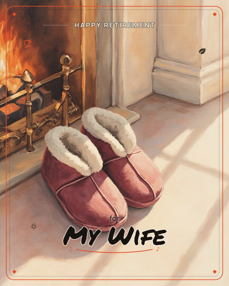 A pair of burgundy sheepskin-lined slippers sits on the hearth beside a crackling fire, brass fire tools glinting in the firelight, a retirement e-card design