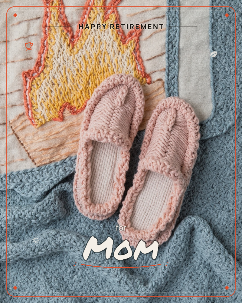 A pair of dusty-pink knitted slippers sits atop a chunky blue crocheted blanket, next to an embroidered patch of a flickering fire stitched in orange…, a retirement e-card design