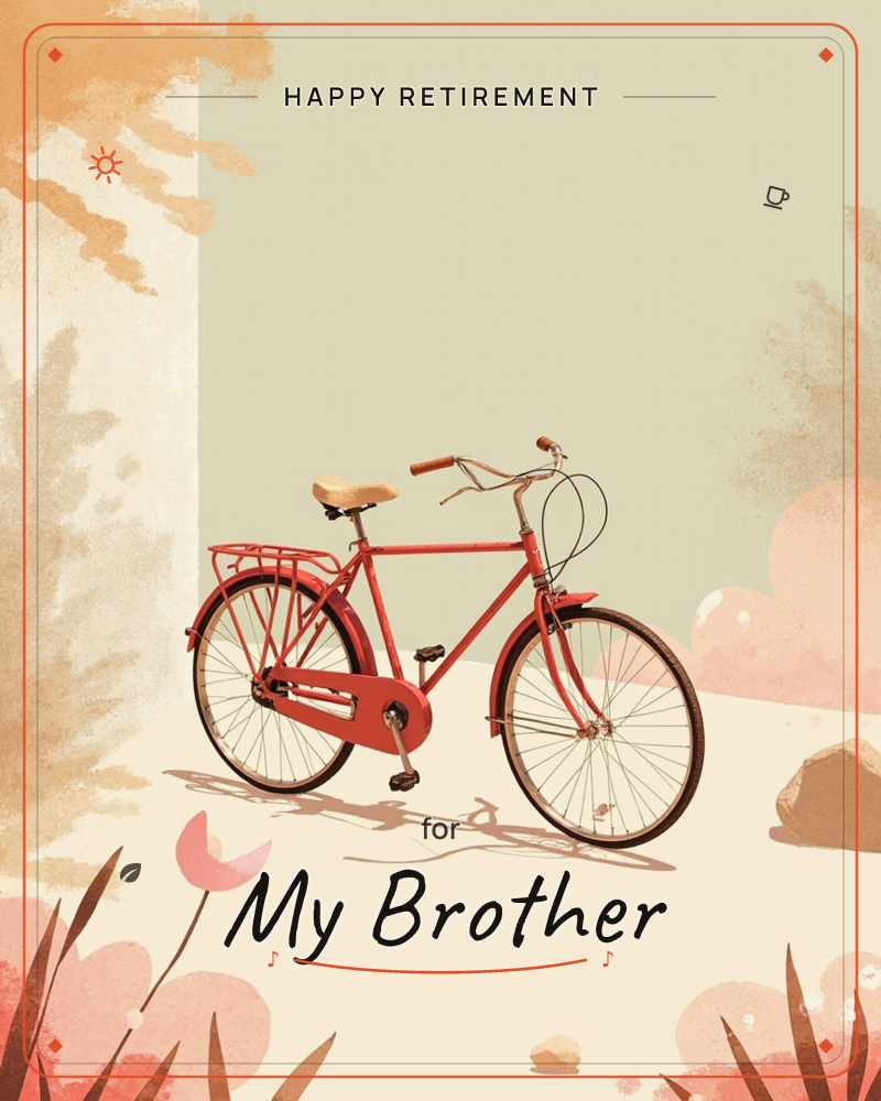 A vintage red bicycle stands alone against a pale wall, its long shadow stretching across sunlit ground, a retirement e-card design