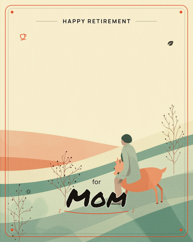 A figure in a soft green coat and cap rides bareback on an orange deer across rolling, ribboned hills of teal and cream, a retirement e-card design