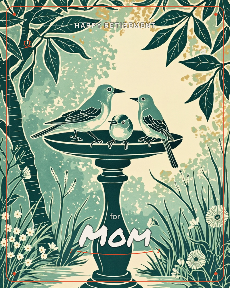 Three birds gather on a stone birdbath in a lush garden, two adults flanking a smaller round chick between them, a retirement e-card design