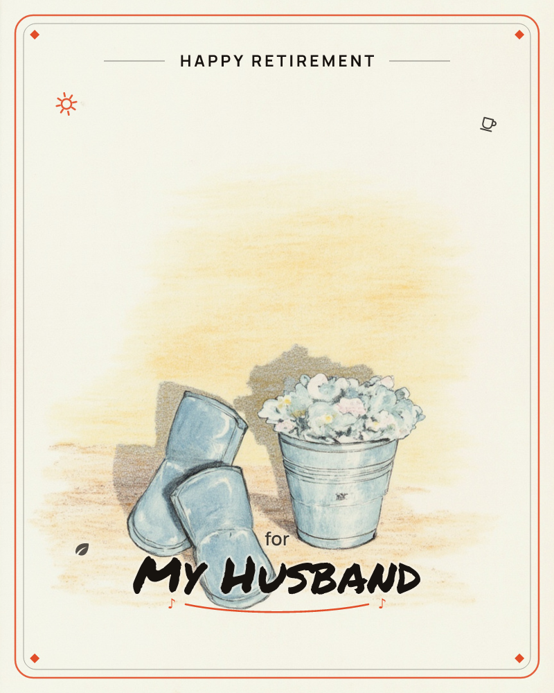 A pair of blue rubber boots leans together beside a small tin pail overflowing with soft white and pink blossoms, set against a warm golden-washed…, a retirement e-card design