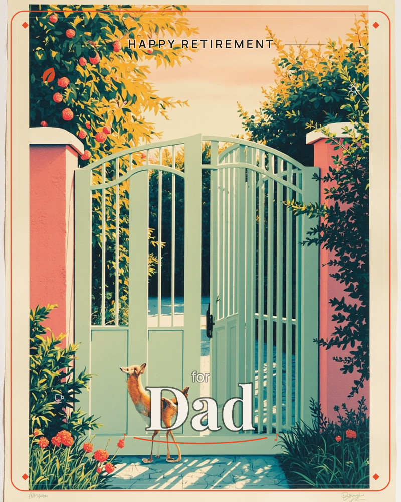 A small deer pauses at the threshold of an open sage-green garden gate, set between two coral pink pillars draped in blossoming vines, a retirement e-card design