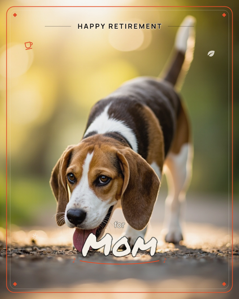 A beagle stands on a sunlit gravel path, nose low and tongue out mid-sniff, ears drooping toward the ground, a retirement e-card design