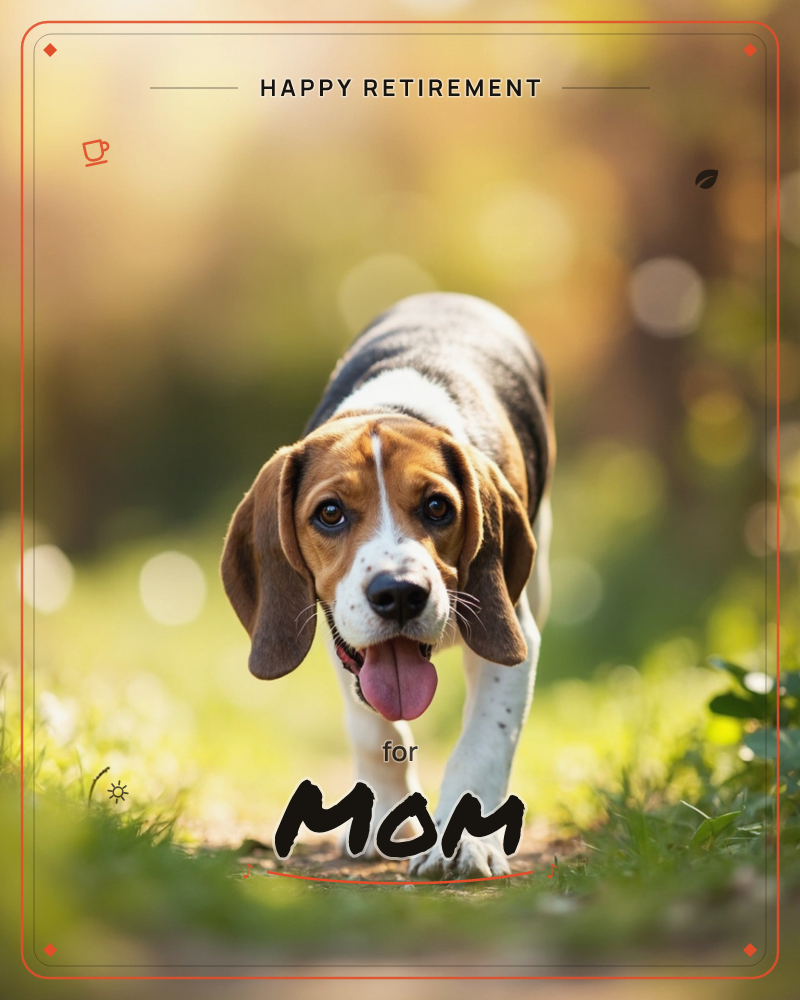 A beagle trots forward along a sunlit path, ears swinging and tongue out mid-pant, tricolour coat glowing warm in the low afternoon light, a retirement e-card design