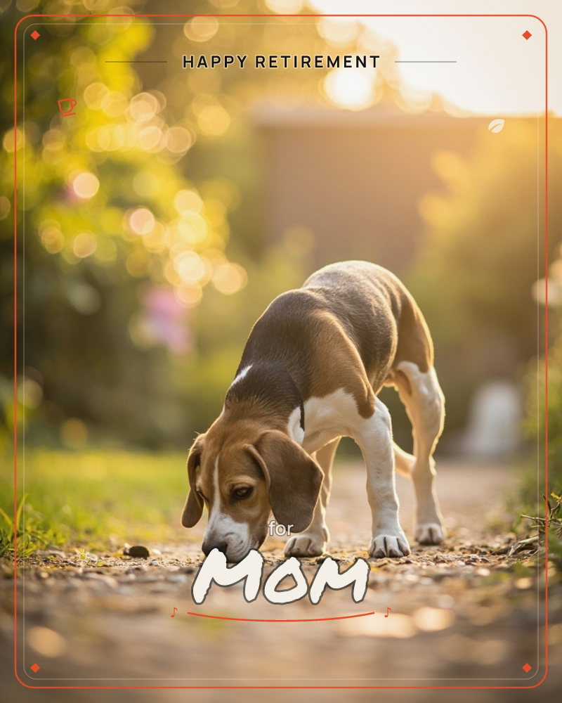 A beagle puppy stands on a garden path with its nose pressed to the ground, following a scent, a retirement e-card design