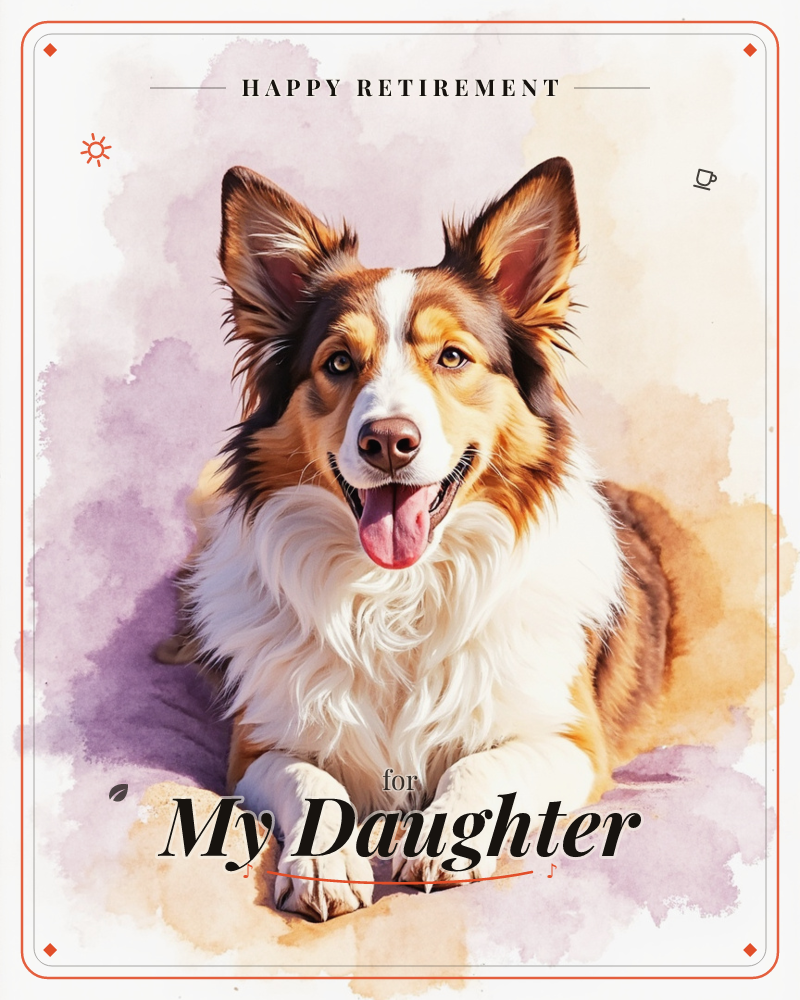 A happy sable-and-white collie-type dog lies with paws crossed, mouth open in a grin and tongue out, against a soft watercolour wash of lavender and…, a retirement e-card design