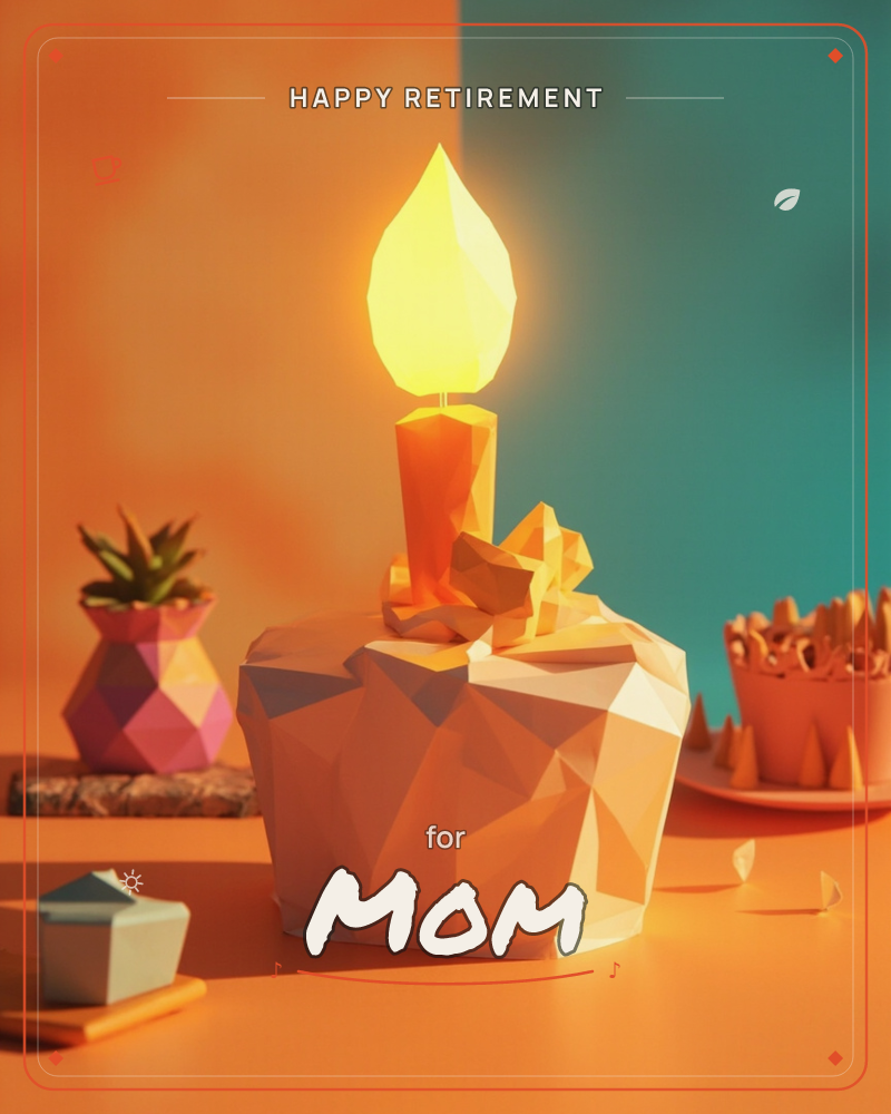 A low-poly 3D still life glows warm against a split orange-and-teal backdrop, centered on a faceted candle burning atop a lumpy, gem-cut mound, a retirement e-card design
