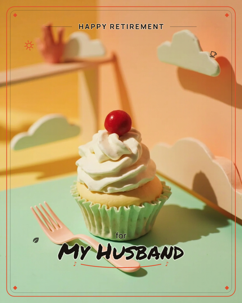 A single cupcake sits centre stage, its swirl of whipped cream topped with a glossy cherry, on a mint-green tabletop under warm, theatrical light, a retirement e-card design