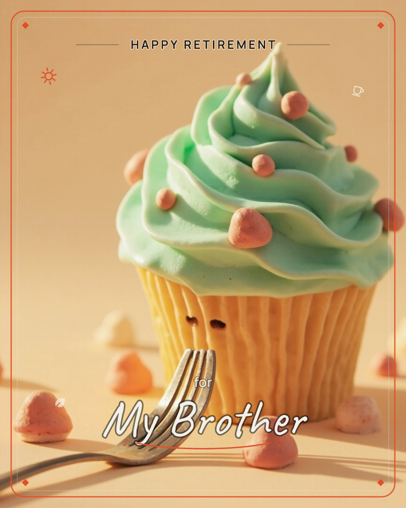 A single cupcake with a swirl of mint-green frosting sits centre stage against a warm peach backdrop, tiny closed eyes pressed into its wrapper giving…, a retirement e-card design