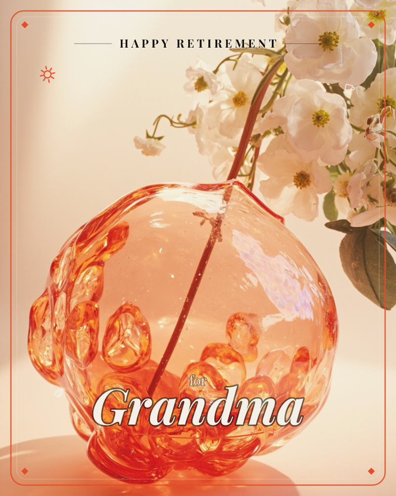 A round, bubble-textured glass vase in warm amber-orange catches soft sunlight, its knobbly surface glowing like blown glass fruit, a retirement e-card design