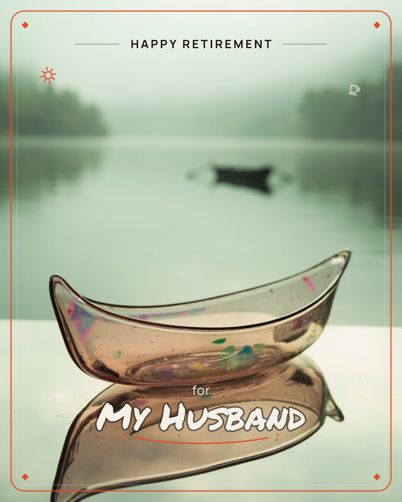 A small glass canoe, blush pink and flecked with confetti-like specks of colour, sits on a reflective ledge before a still, misty lake, a retirement e-card design