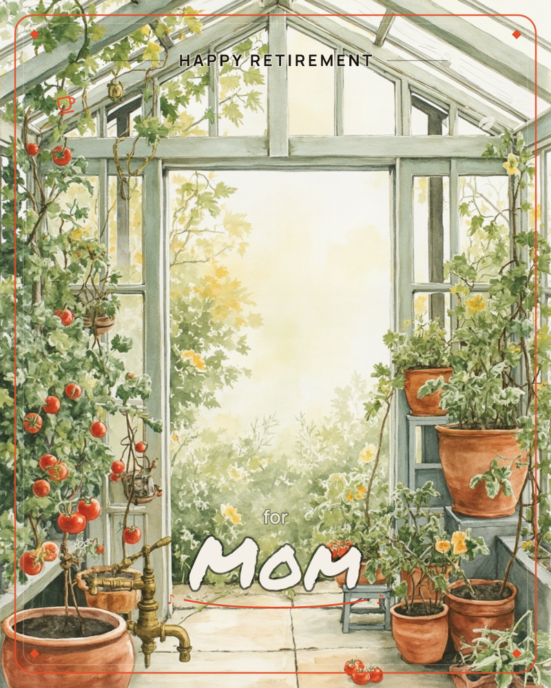 A glass greenhouse interior painted in soft watercolour, with vines of ripe tomatoes climbing the left panes and terracotta pots of trailing plants…, a retirement e-card design